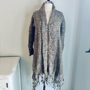 Mixed Knit Open Front Cardigan Sweater with Fringe Hem, Size Medium, Brown Gray